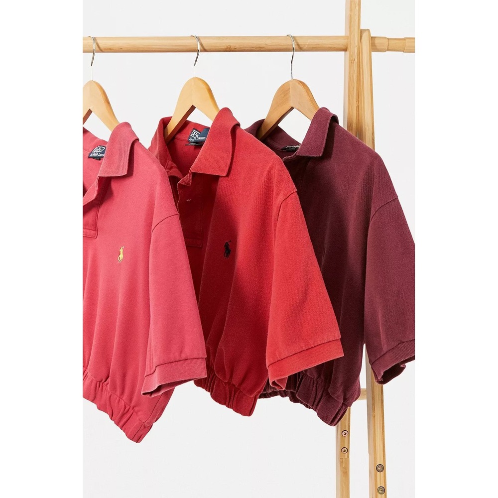 VTG Polo Ralph Lauren ReMade Cropped Elastic Hem Polo Shirt Burgundy Womens L